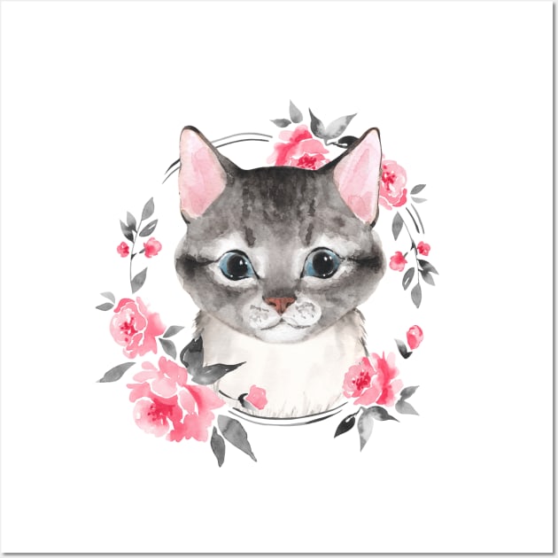 Gray cat with flowers Wall Art by Gribanessa